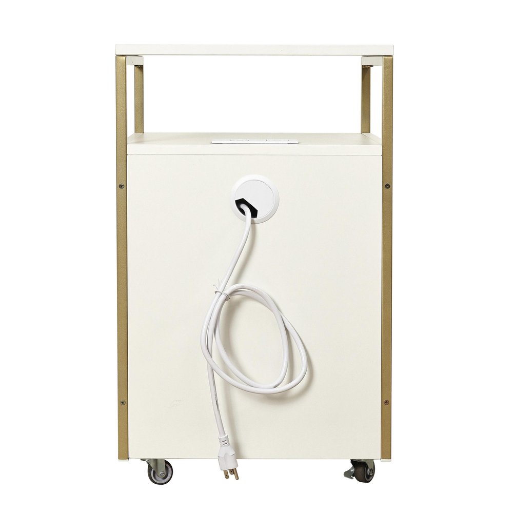 26" Black Wood And Metal Two Drawer Rolling Filing Cabinet With USB. Filing cabinet isolated on a plain white background, showing a metal surface.
