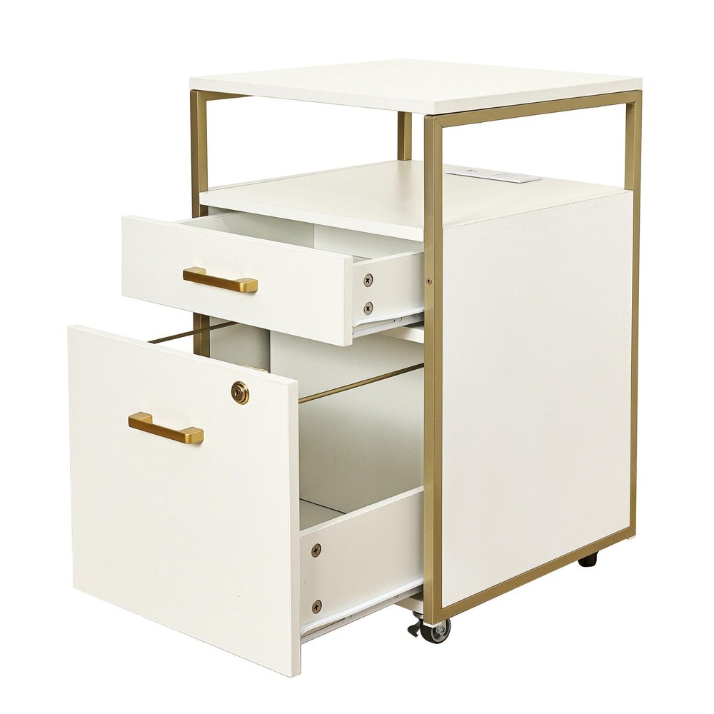 26" Black Wood And Metal Two Drawer Rolling Filing Cabinet With USB. Filing cabinet isolated on a plain white background, showing a metal surface.