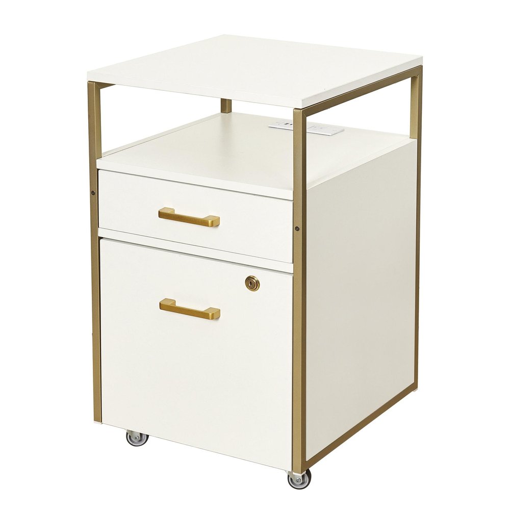 26" Black Wood And Metal Two Drawer Rolling Filing Cabinet With USB. Filing cabinet isolated on a plain white background, showing a metal surface.