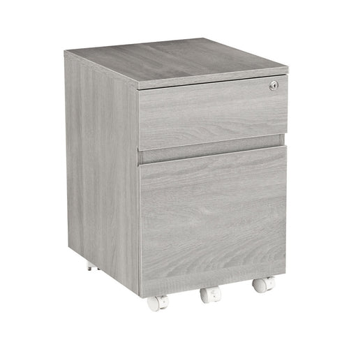 Gray wood two-drawer filing cabinet with casters on a white background.