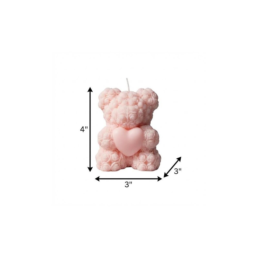 4" Pink Rose Petals Scented Dimensional Teddy Bear Candle