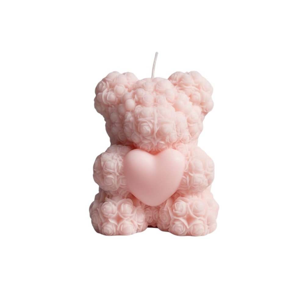 4" Pink Rose Petals Scented Dimensional Teddy Bear Candle