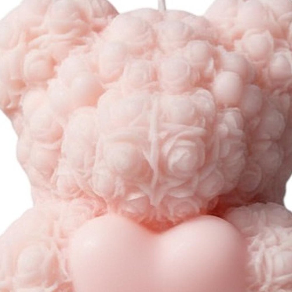 4" Pink Rose Petals Scented Dimensional Teddy Bear Candle
