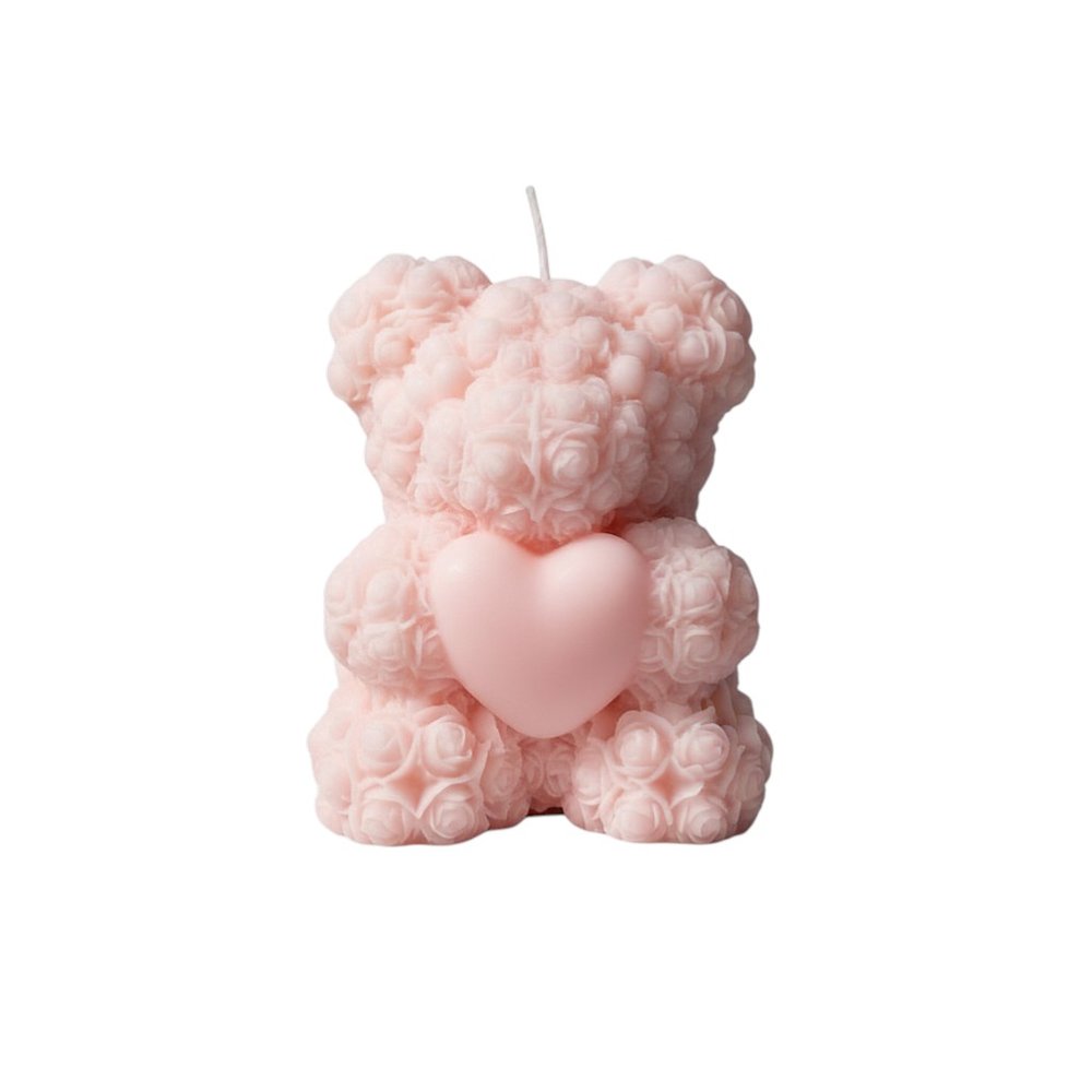 4" Pink Rose Petals Scented Dimensional Teddy Bear Candle