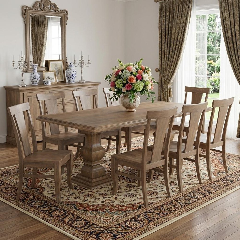 Nine Piece Brown Solid Wood Dining Set with Eight Chairs in a home interior