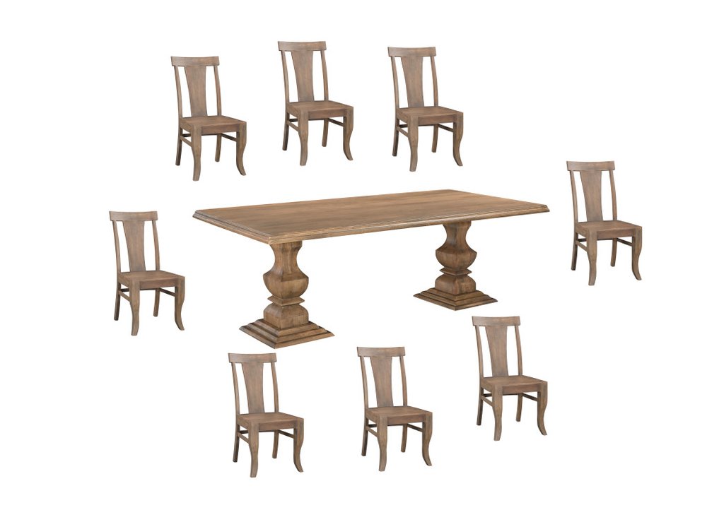 Brown solid wood dining set with a rectangular table and eight chairs on a white background.