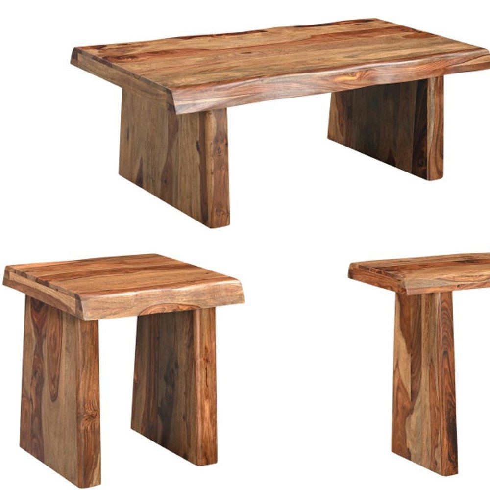 Set of Three Brown Solid Wood Sled Furniture Set on a white background