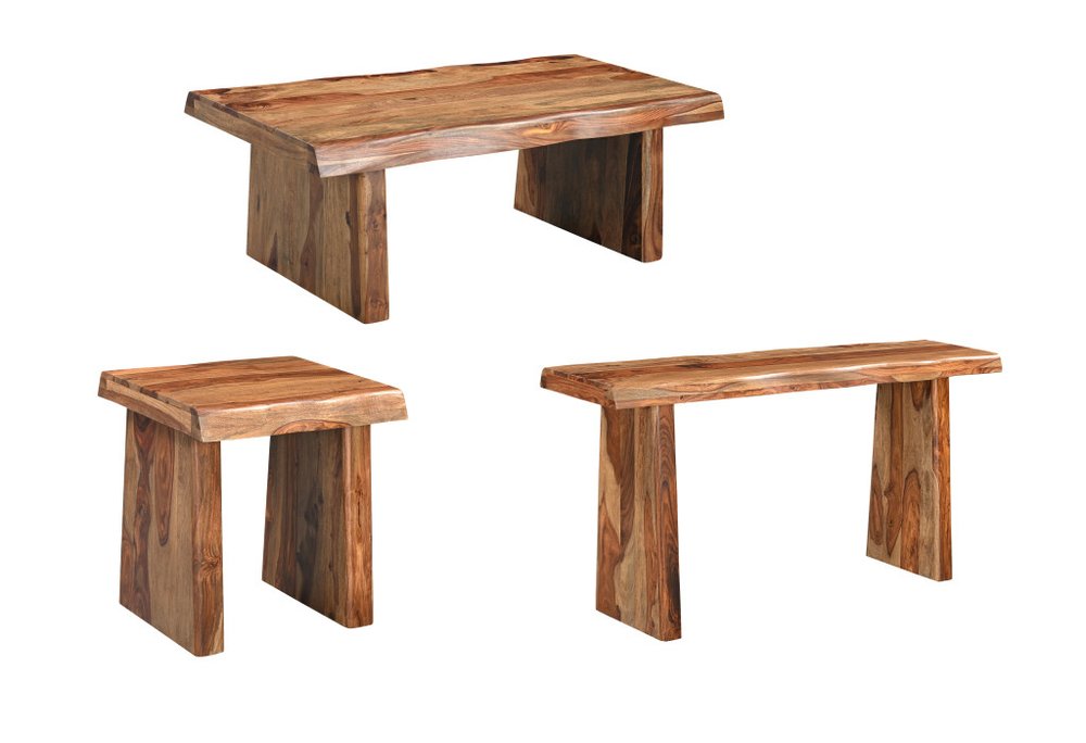Set of three brown solid wood sled furniture pieces on a white background.