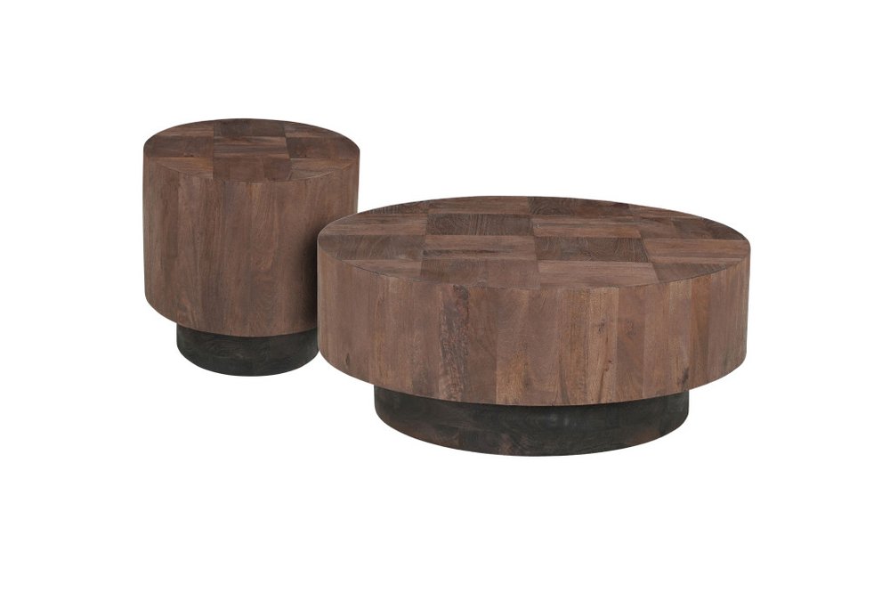 Set of two brown solid wood round pedestal furniture pieces on a white background.