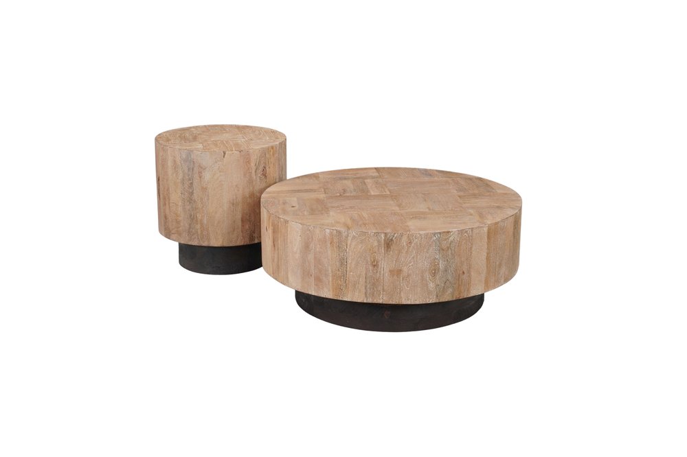 Set of two round pedestal tables made of solid brown wood with dark bases on a white background.