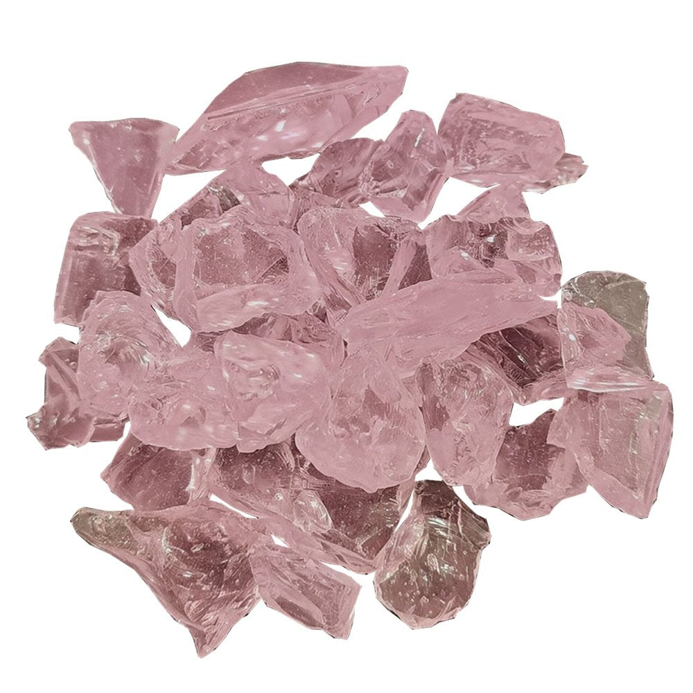 Pile of pink, reflective, crushed glass pieces on a white background.