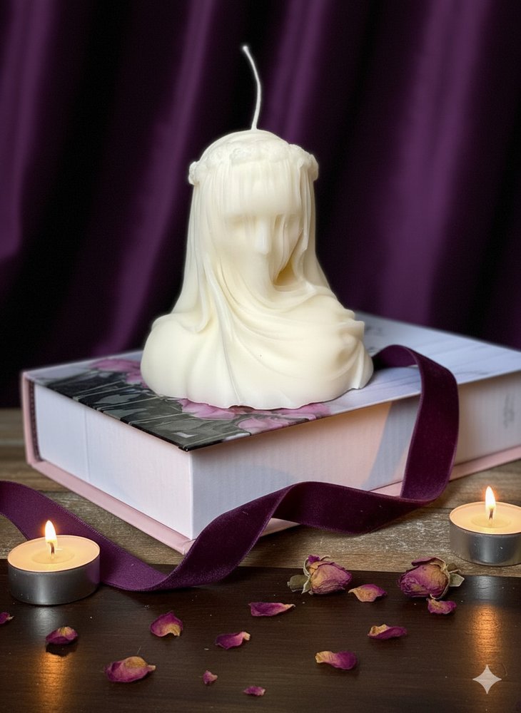Ivory vanilla scented dimensional lady candle on a book with purple velvet ribbon and dried roses.