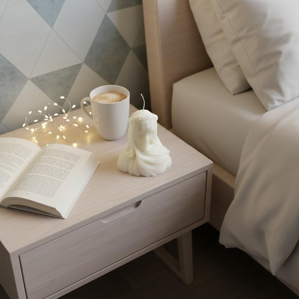 6" Ivory Vanilla Scented Dimensional Lady Candle Novelty Novelty displayed on a tabletop in a furnished interior against a light gray wall.