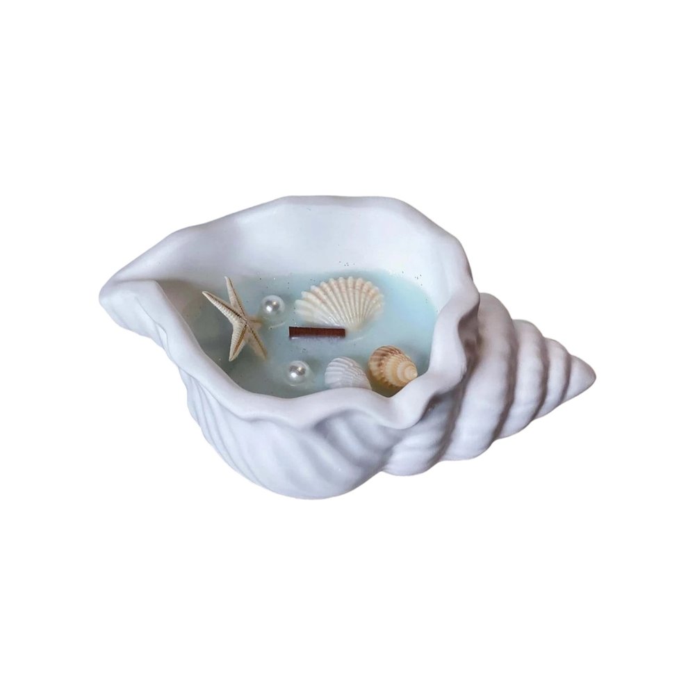 6" Light Blue Sea Salt And Orchid Scented Candle In White Resin Novelty Holder With Shells. Candle isolated on a plain white background, finished in white resin.