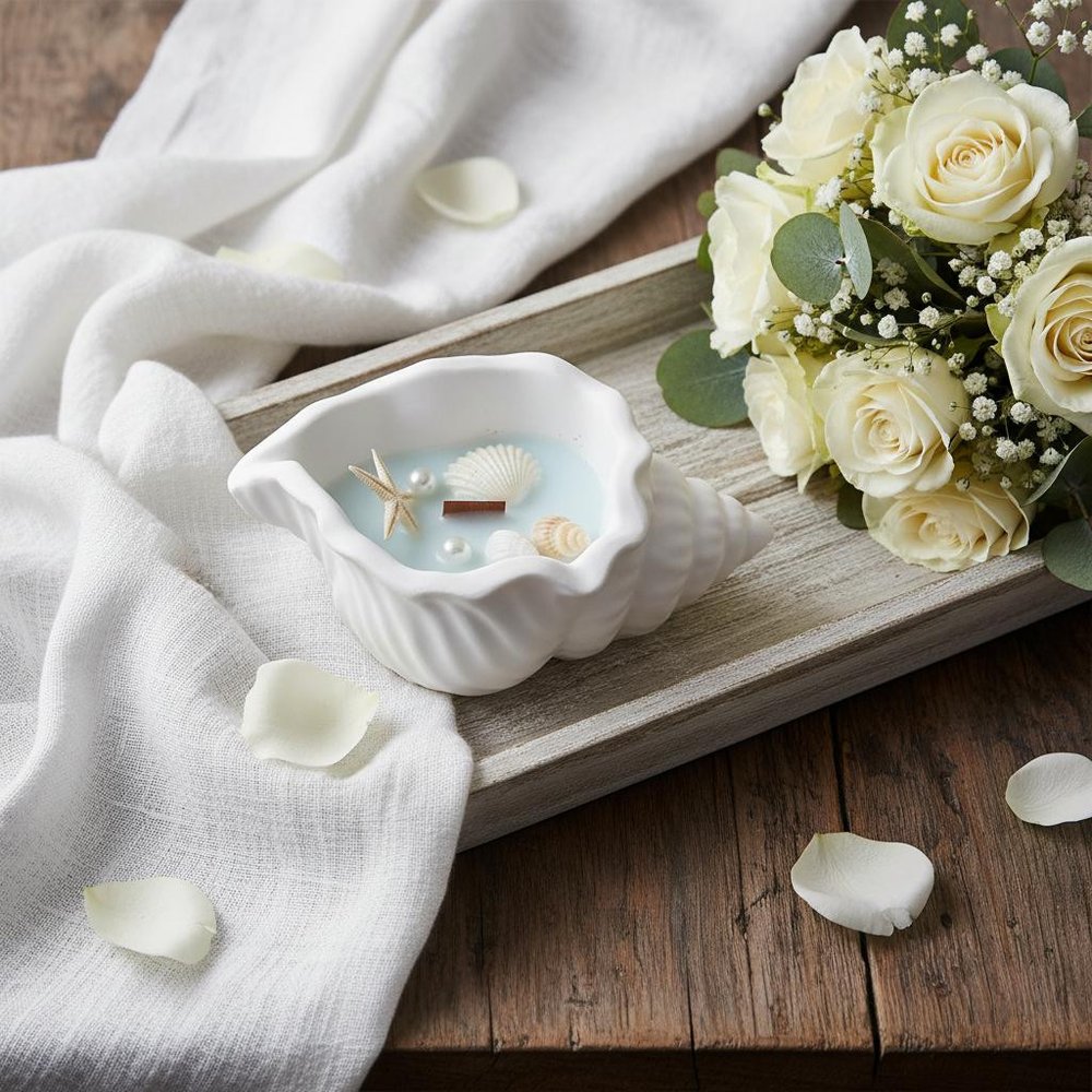 6" Light Blue Sea Salt And Orchid Scented Candle In White Resin Novelty Holder With Shells displayed on a dark wood tabletop in a furnished interior against an off-white wall.