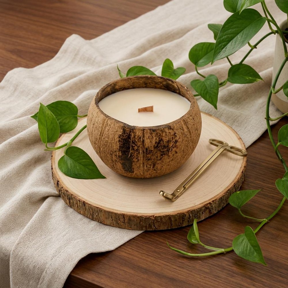 4" Ivory Unscented Candle In Brown Coconut Shell Holder