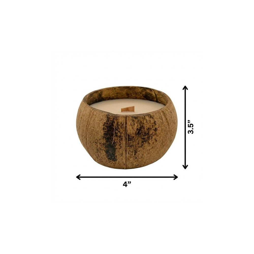 4" Ivory Coconut And Hibiscus Scented Candle In Brown Coconut Shell Holder. Candle isolated on a plain white background, finished in brown.