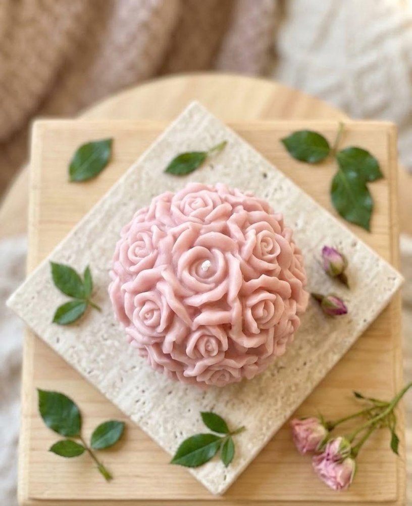 3" Pink Rose Petal Scented Dimensional Blossom Candle Round Novelty