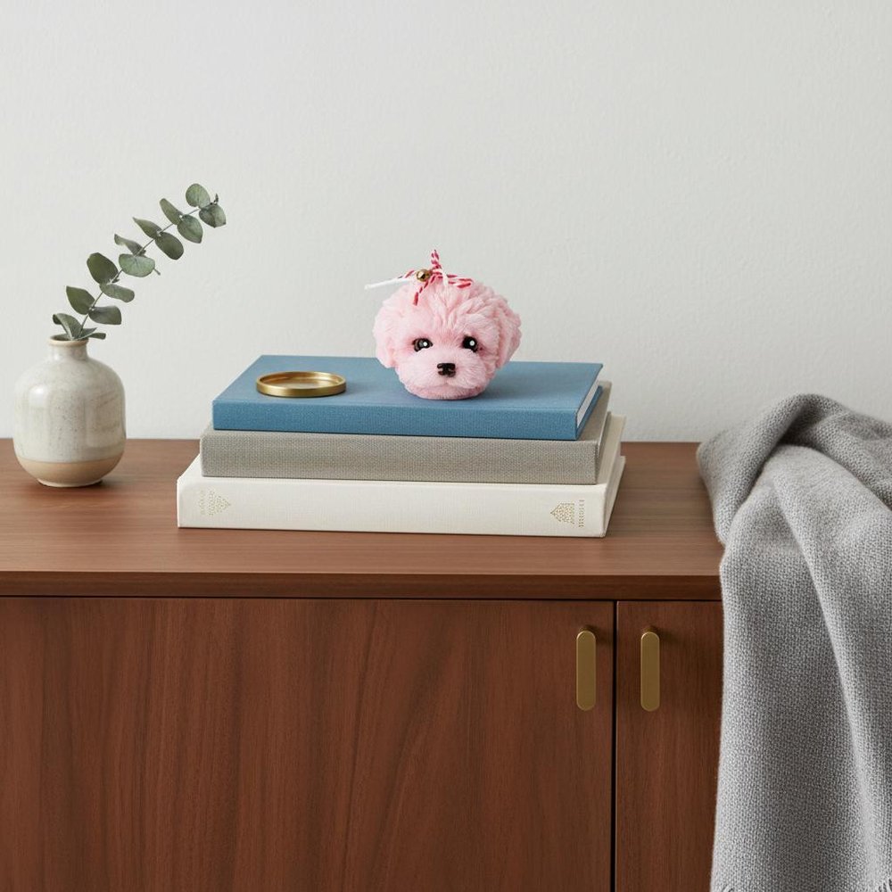 2" Pink Rose Petals Scented Dimensional Dog Candle Novelty Novelty displayed on a dark wood tabletop in a furnished interior against an off-white wall.