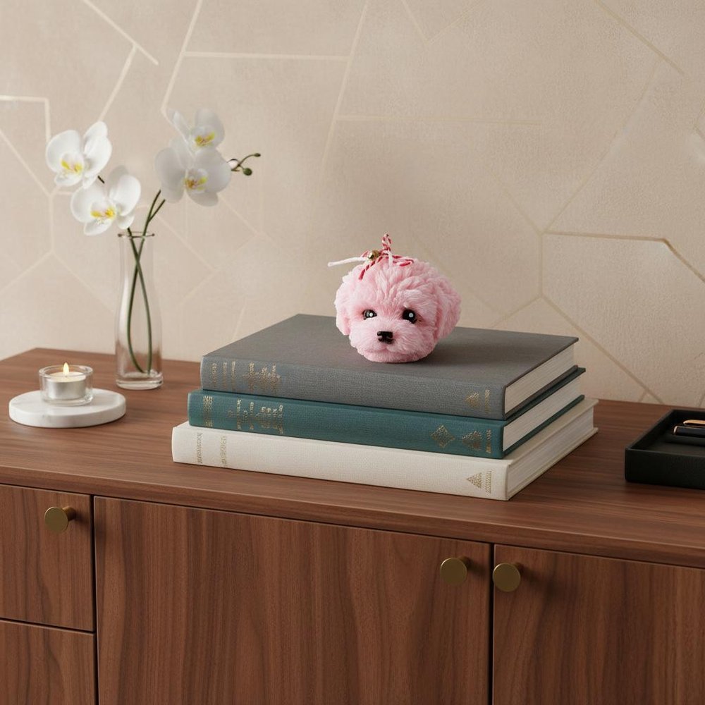 2" Pink Rose Petals Scented Dimensional Dog Candle Novelty Novelty displayed on a dark wood tabletop in a furnished interior against a cream wall.