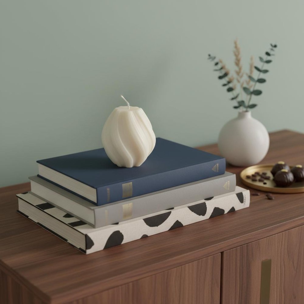 2" Ivory Rose Petals Scented Candle Cylinder Pillar displayed on a dark wood tabletop in a furnished interior against a gray wall.
