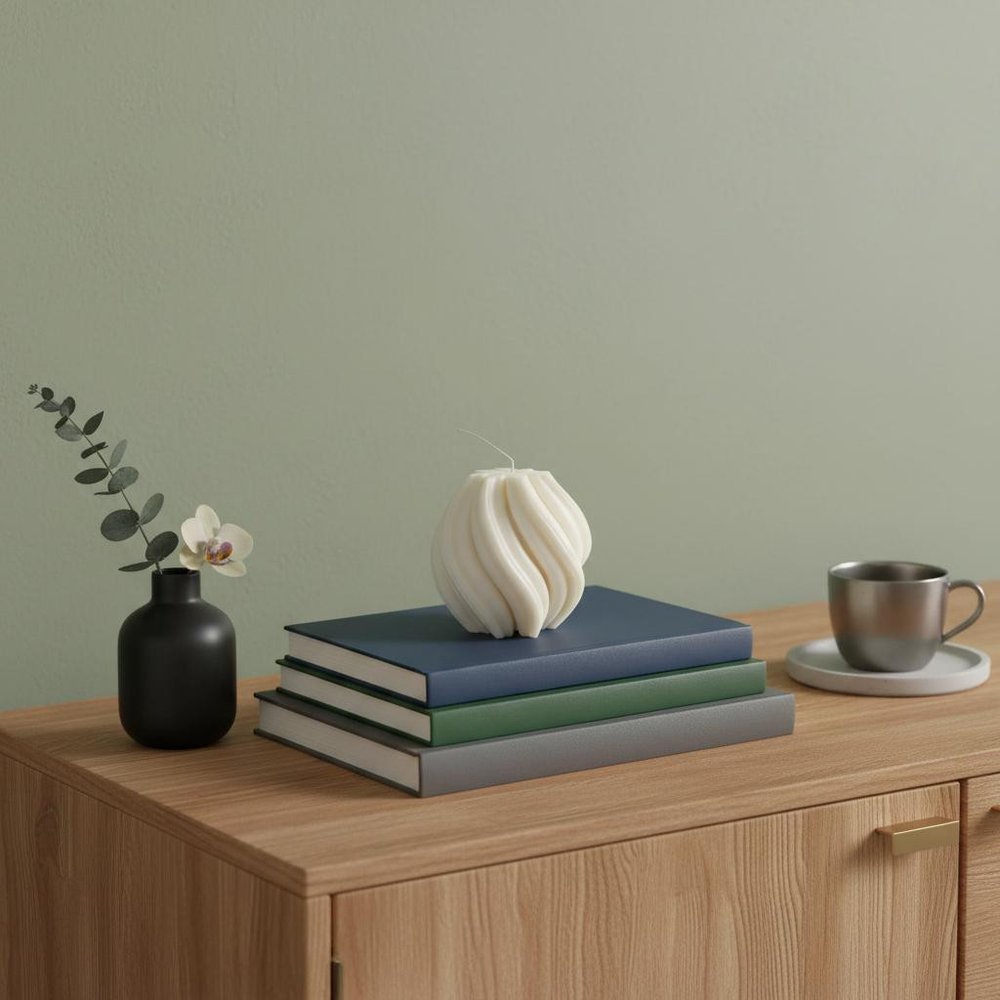 4" Ivory Rose Petals Scented Candle Cylinder Pillar displayed on a wood tabletop in a furnished interior against a light gray wall.