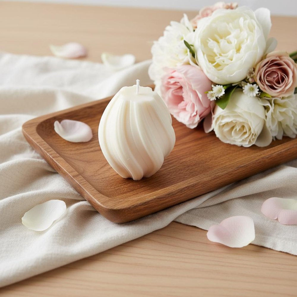2" Ivory Rose Petals Scented Candle Cylinder Pillar displayed on a wood tabletop in a furnished interior against a cream wall.