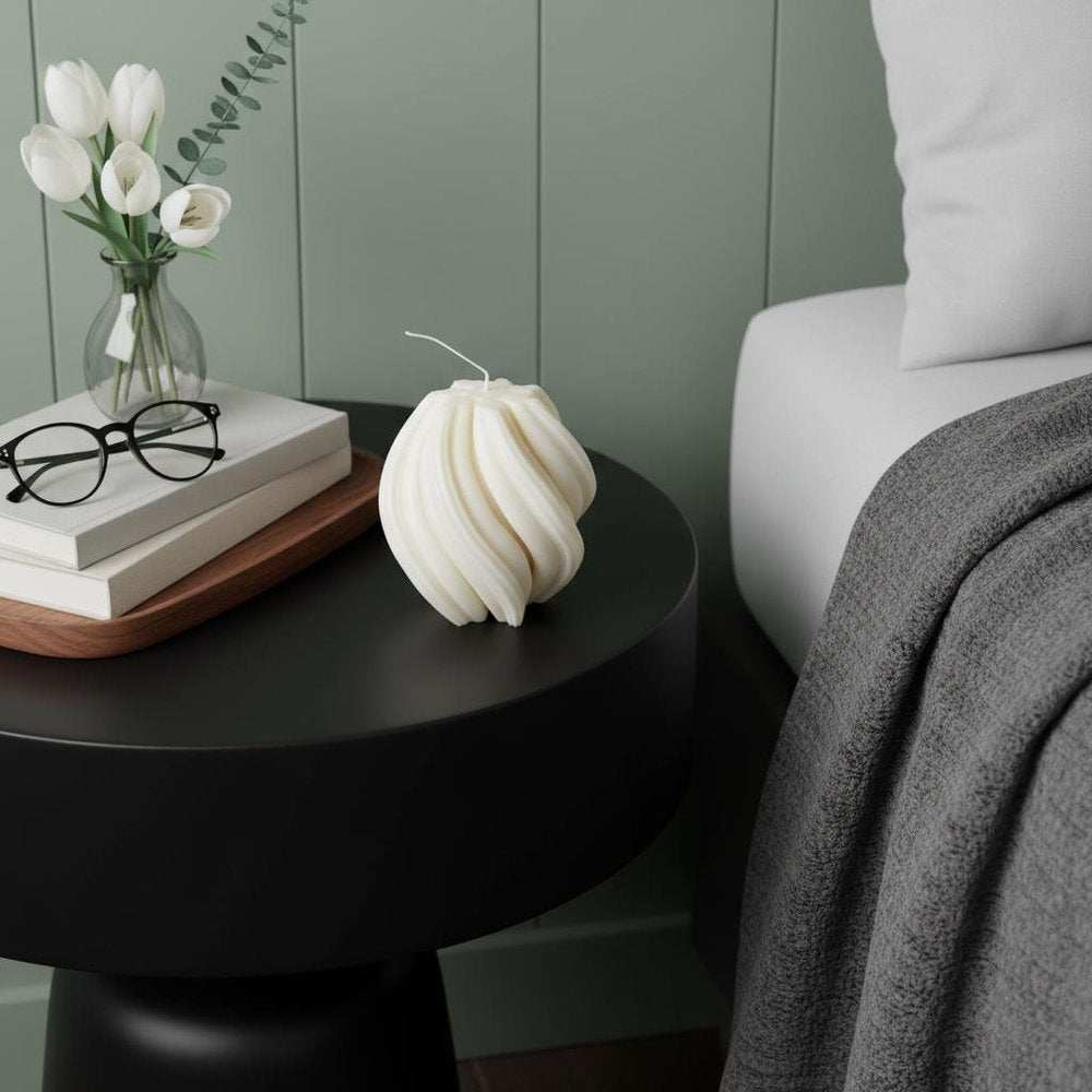 4" Ivory Rose Petals Scented Candle Cylinder Pillar displayed on a tabletop in a furnished interior against a gray wall.