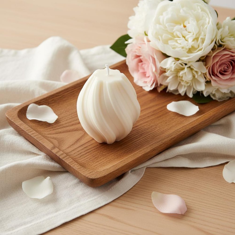 2" Ivory Rose Petals Scented Candle Cylinder Pillar displayed on a wood tabletop in a furnished interior against a cream wall.
