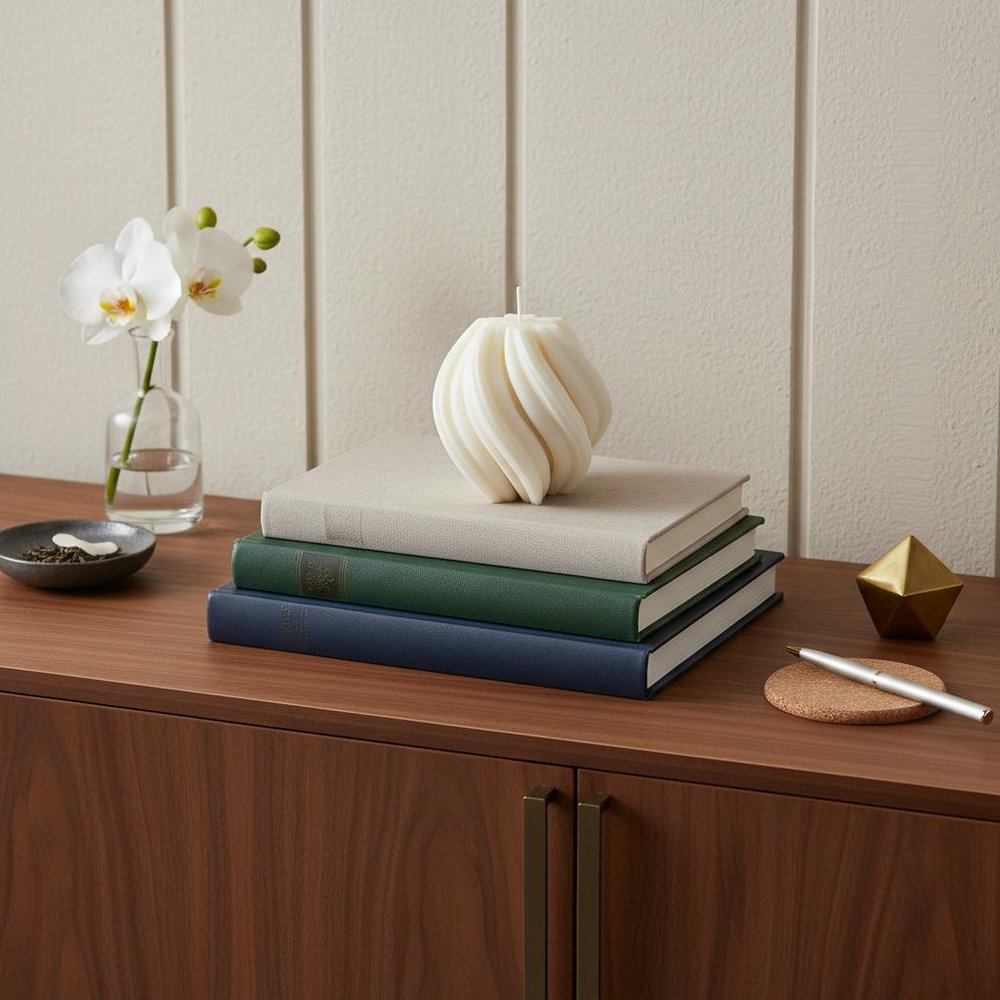 4" Ivory Rose Petals Scented Candle Cylinder Pillar displayed on a dark wood tabletop in a furnished interior against a light gray wall.
