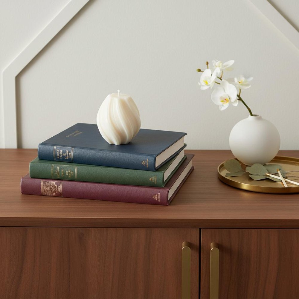 2" Ivory Rose Petals Scented Candle Cylinder Pillar displayed on a dark wood tabletop in a furnished interior against an off-white wall.