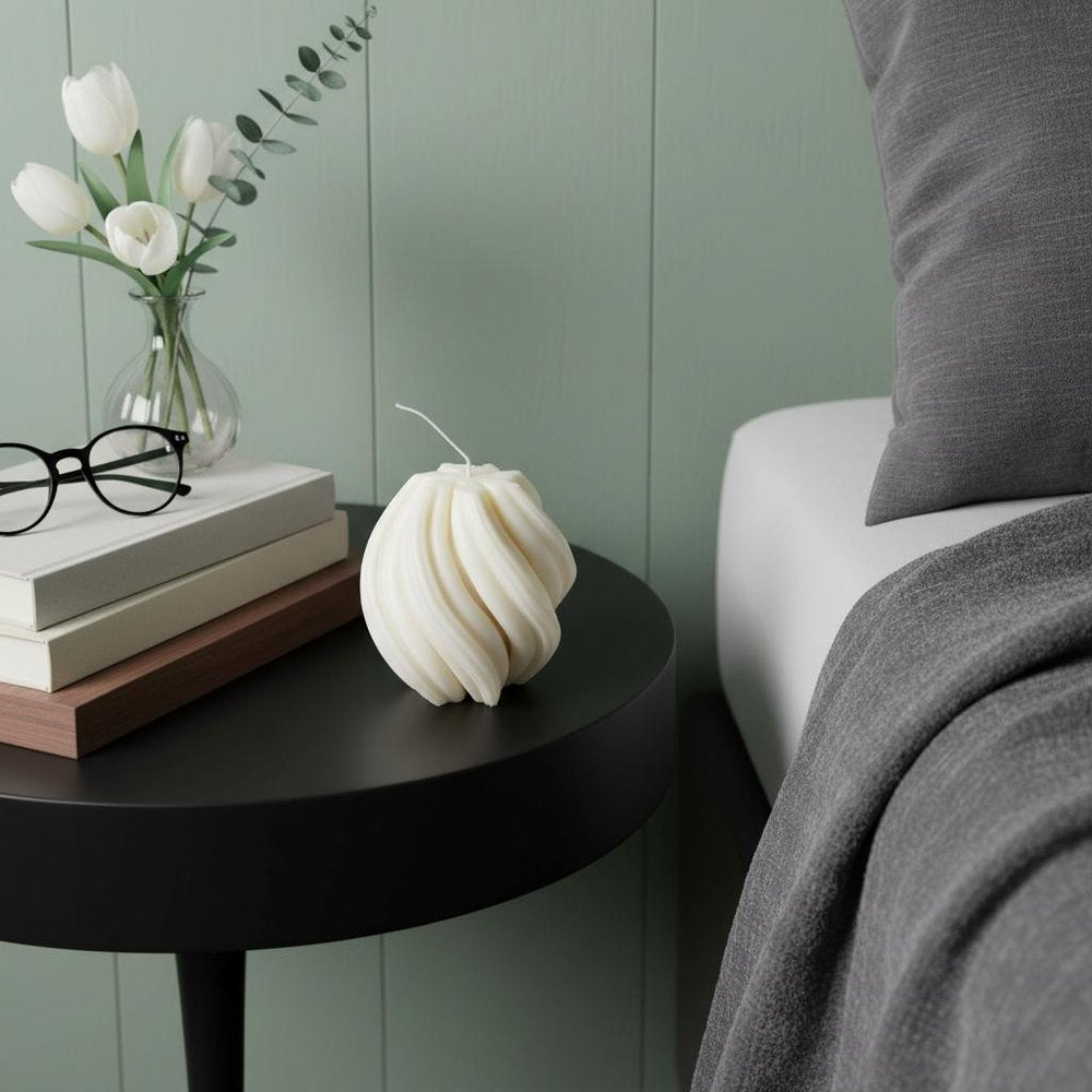 4" Ivory Rose Petals Scented Candle Cylinder Pillar displayed on a tabletop in a furnished interior against a gray wall.