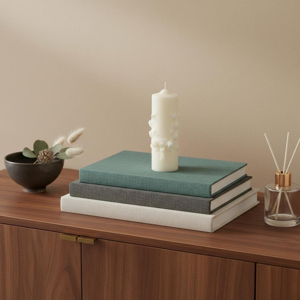 2" Ivory White Tea Scented Candle Round Pillar displayed on a dark wood tabletop in a furnished interior against a tan wall.