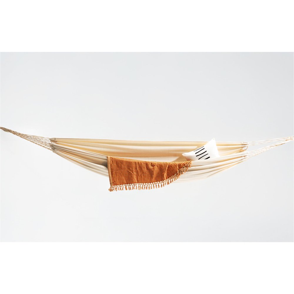 Ivory single spreader bar hammock with orange throw blanket and striped pillow on a white background