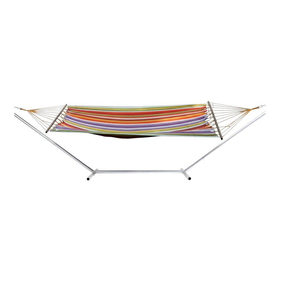 Striped hammock with red, yellow, and purple stripes on a silver metal stand against a white background.