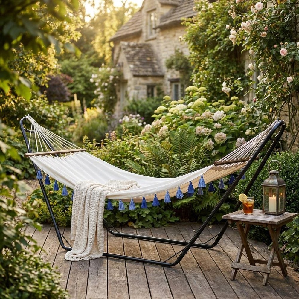 Ivory Single Spreader Bar Hammock With Tassels