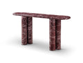 Red marble console table with oval top and double pedestal base on a white background.