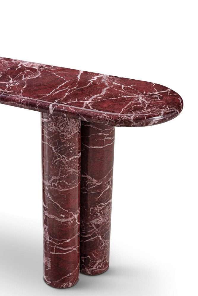 60" Red Genuine Marble Oval Double Pedestal Console Table. Console table isolated on a plain white background, in a red marble finish.