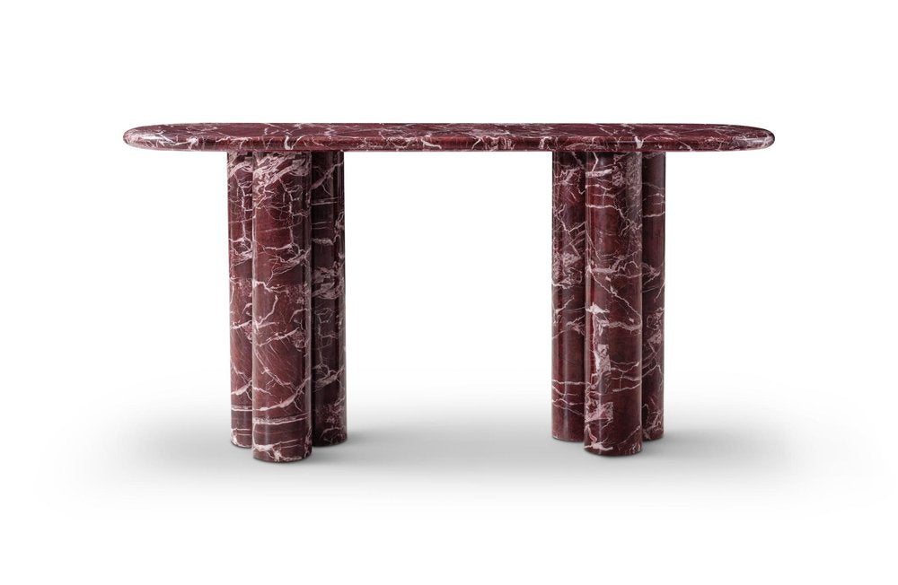 60" Red Genuine Marble Oval Double Pedestal Console Table. Console table isolated on a plain white background, finished in red marble.