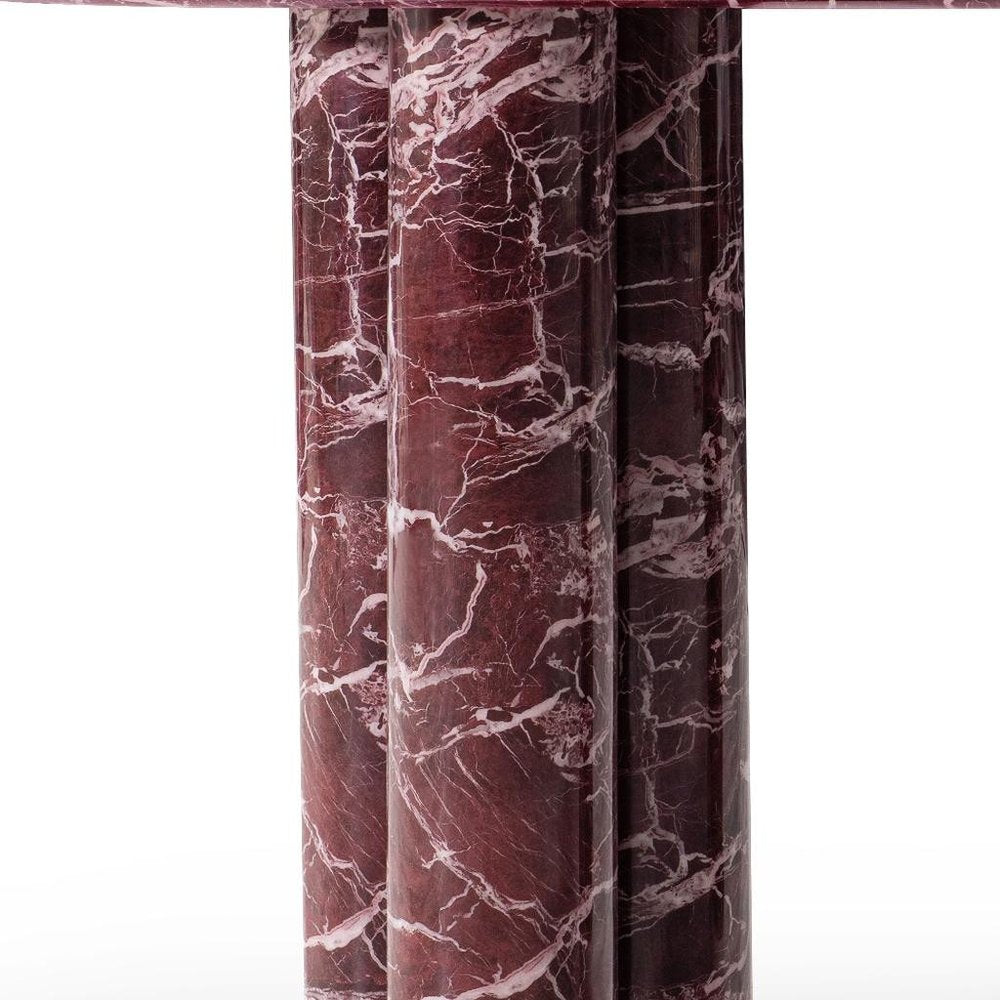 60" Red Genuine Marble Oval Double Pedestal Console Table. Console table isolated on a plain white background, in a red marble finish.