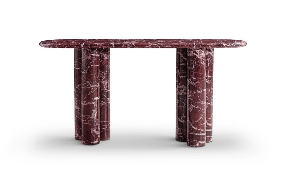 60" Red Genuine Marble Oval Double Pedestal Console Table. Console table isolated on a plain white background, finished in red marble.