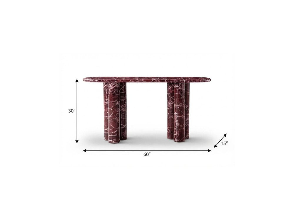 60" Red Genuine Marble Oval Double Pedestal Console Table. Console table isolated on a plain white background, showing a red marble surface.