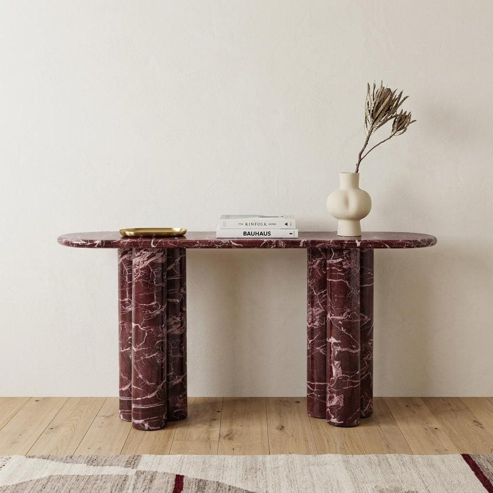 60" Red Genuine Marble Oval Double Pedestal Console Table.