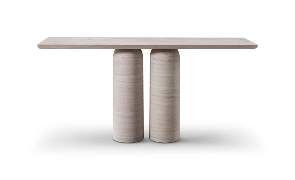 60" Beige Genuine Marble Pedestal Console Table. Console table isolated on a plain white background, in a beige marble finish.