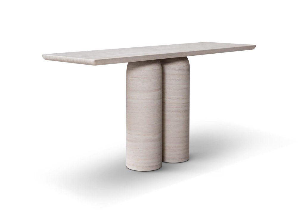 60" Beige Genuine Marble Pedestal Console Table. Console table isolated on a plain white background, showing a beige marble surface.