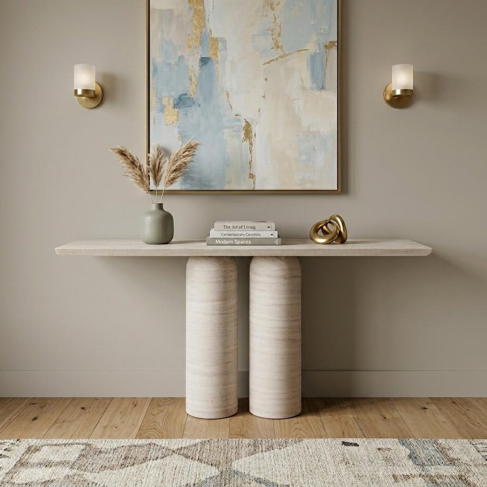 60" Beige Genuine Marble Pedestal Console Table. Console table in beige marble.