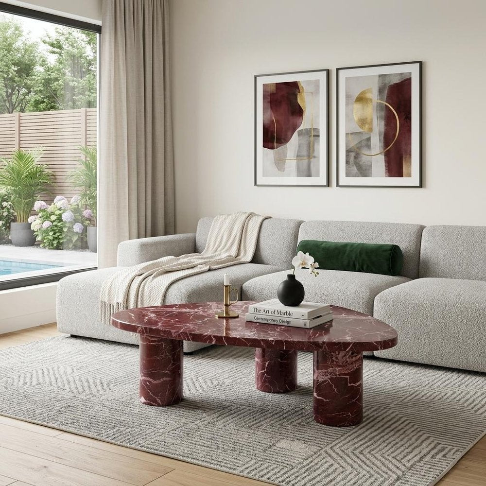 48" Red Genuine Marble and Marble Free Form Coffee Table