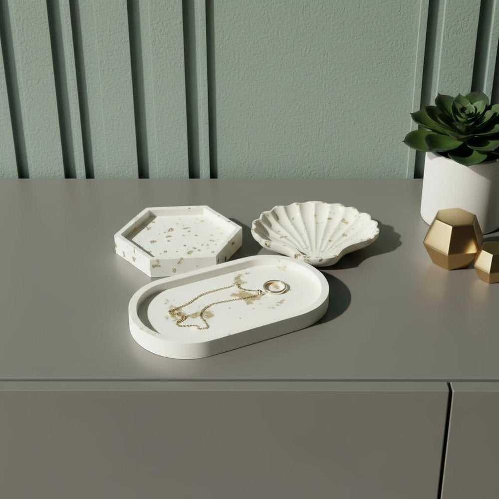 Set of Three Gold And White Resin Handmade Trinket Trays