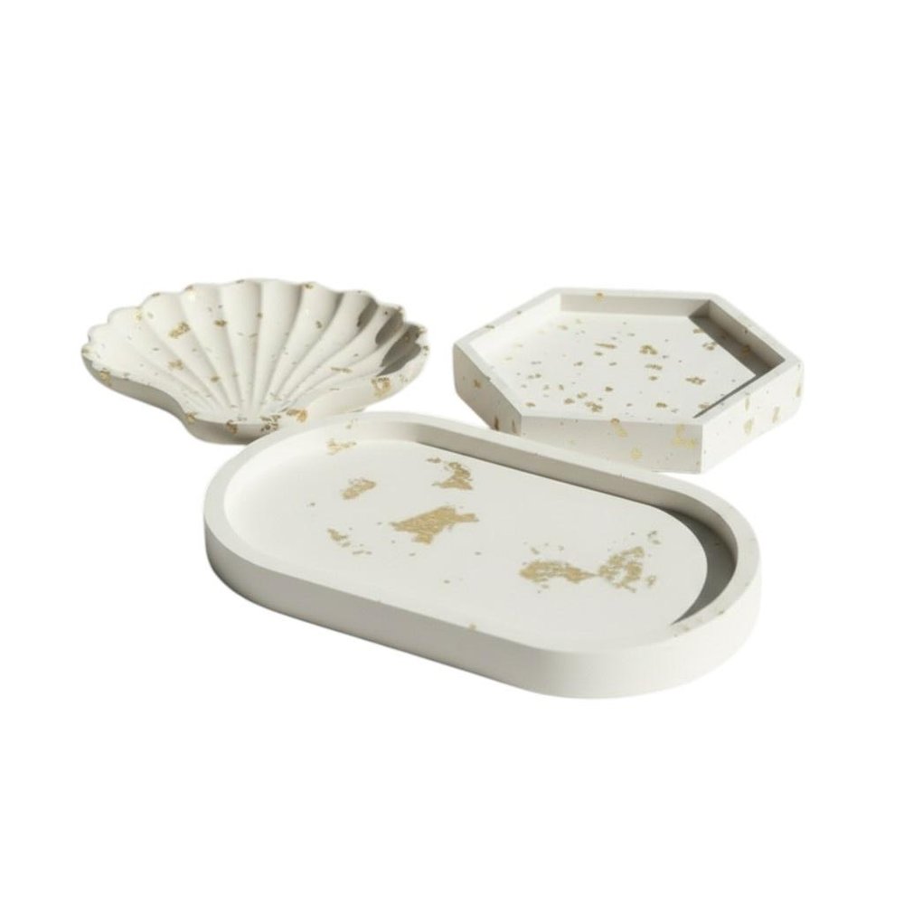 Set of Three Gold And White Resin Handmade Trinket Trays