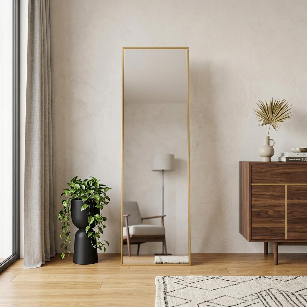 70" Gold Aluminum Freestanding And Wall Mounted Framed Full Length Mirror on a white background
